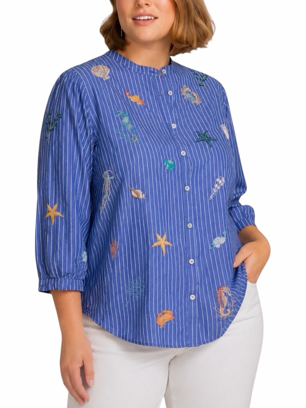 Johnny Was Portia Puff Sleeve Shirt Striped Embroidery Blue Size 2X